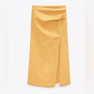Zara Gold Linen Ruched Slit Midi Skirt